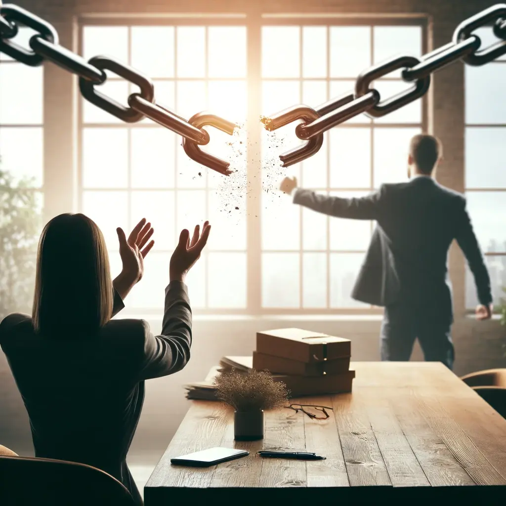 A chain breaking apart above a boardroom table as colleagues react