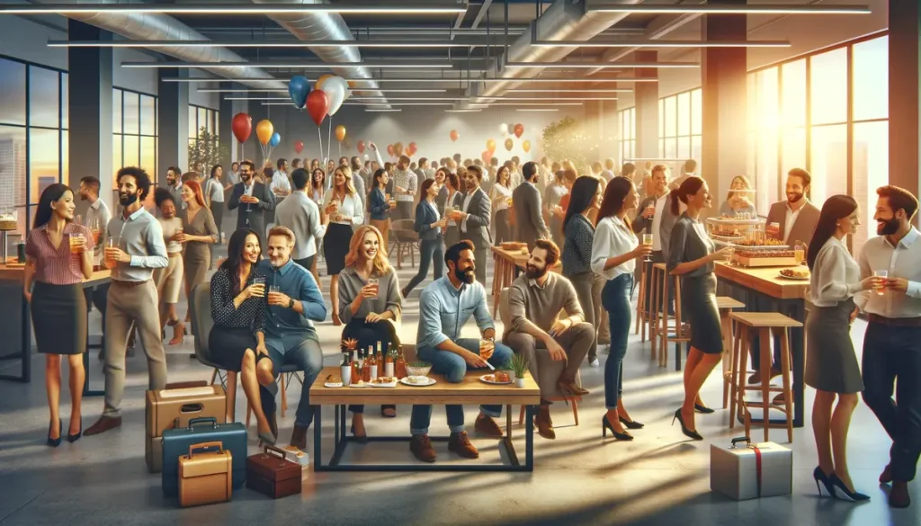 A crowded office party with colleagues talking and drinking